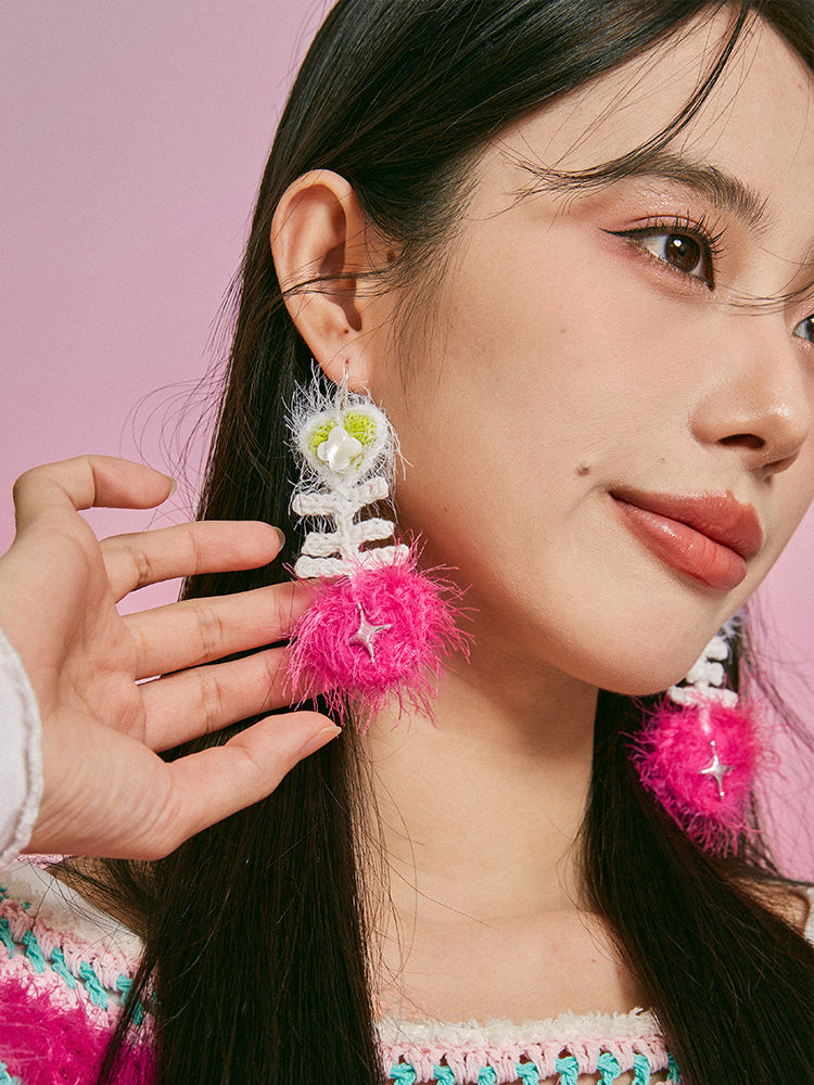 LB Hand Crochet "Fishbone" Earrings Long Ear Clip LOJL98