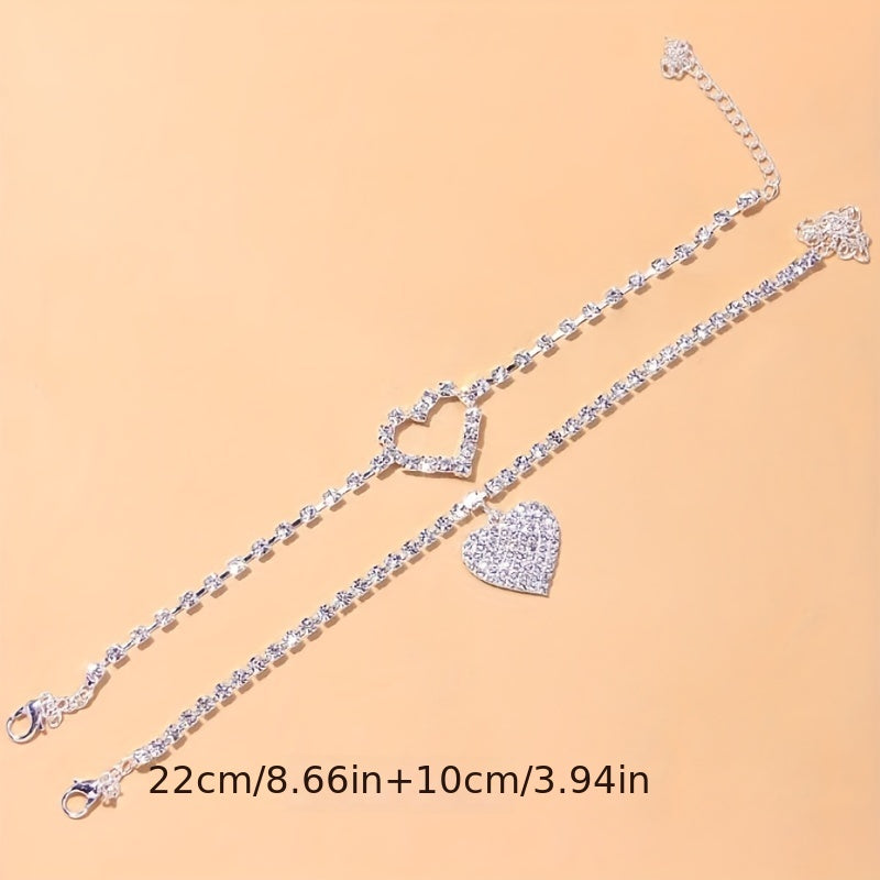 Sparkle on Your Special Day with Heart-Shaped Tennis Anklet Set - Full of Shiny Rhinestones, 2-Piece Set for Weddings and More!
