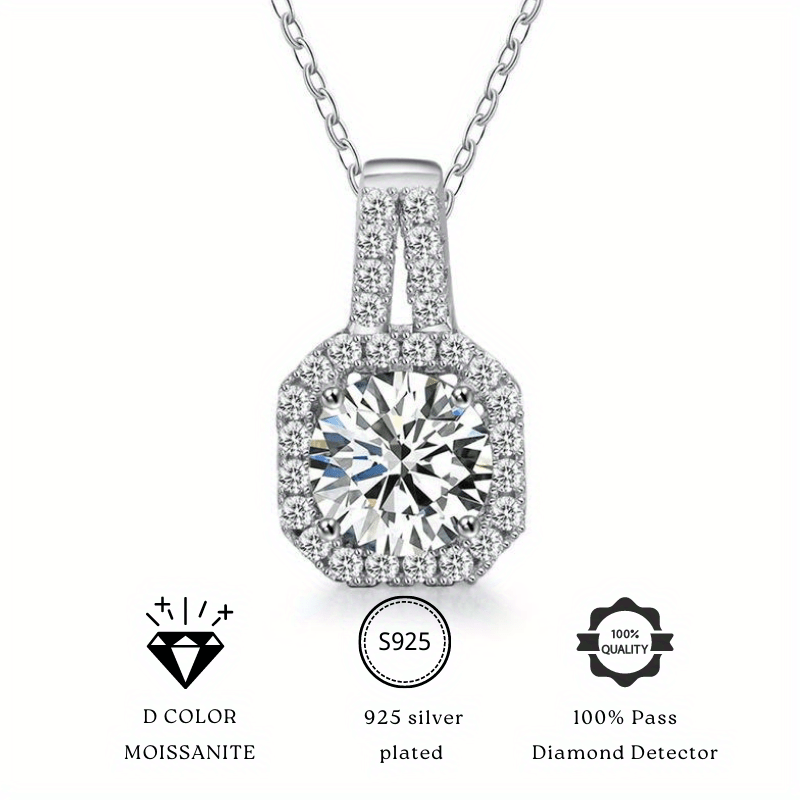 1pc Stunning 1-2 Ct Round D Color VVS Moissanite Necklace with Princess Bag Pendant and Square Gra, Certified, 925 Sterling Silver
