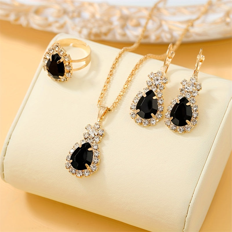 Elegant Water Drop Jewelry Set - Pendant Necklace, Drop Hook Earrings, and Ring with Sparkling Cubic Zirconia Stones - Perfect Wedding Accessories and Gift