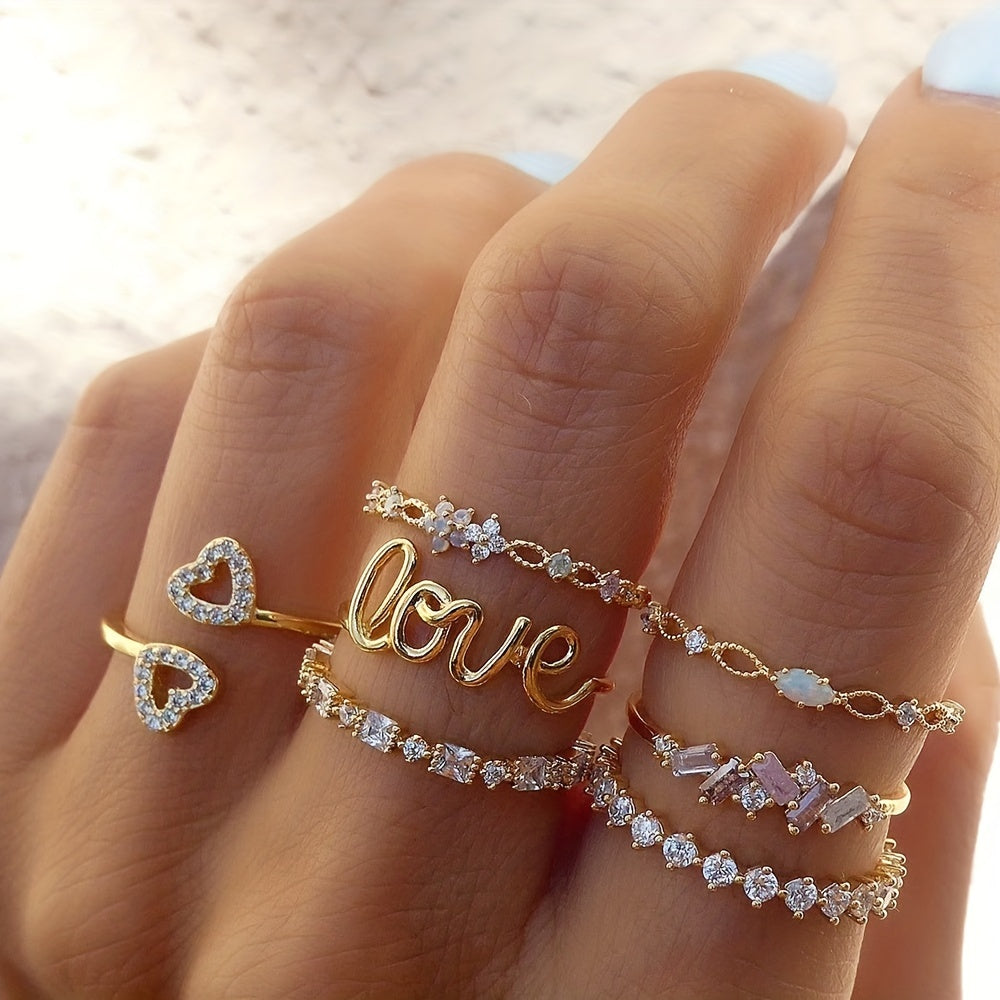Shine Bright with our 7pcs Golden Rhinestone Love Joint Ring Set - Perfect Stylish Decoration Accessories for Women