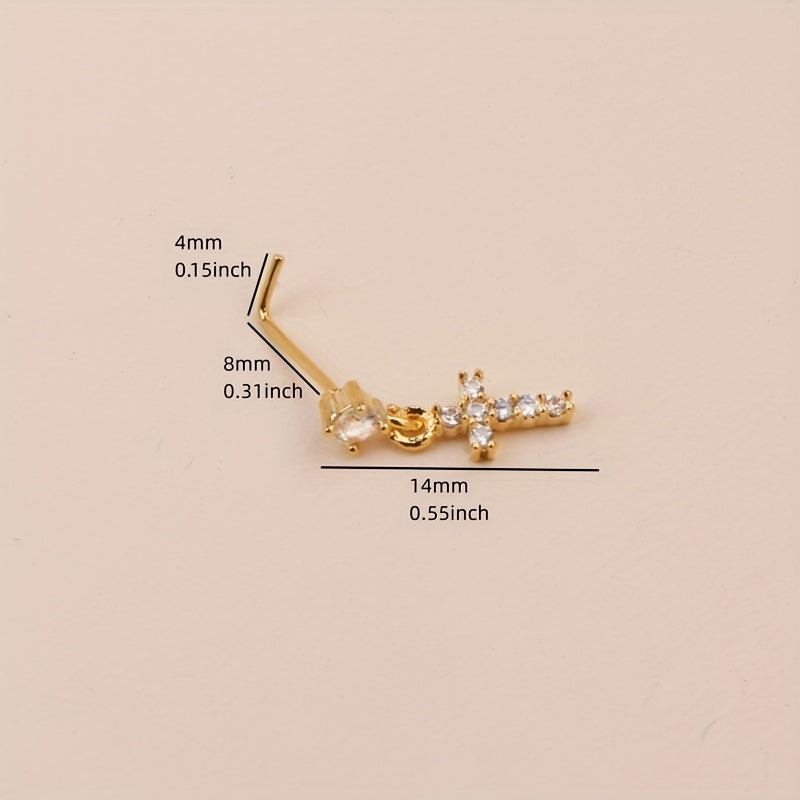1pc Mini Cross Shape Pendant Nose Stud Ring Inlaid Shiny Zircon Elegant L-Shape Nose Piercing Jewelry