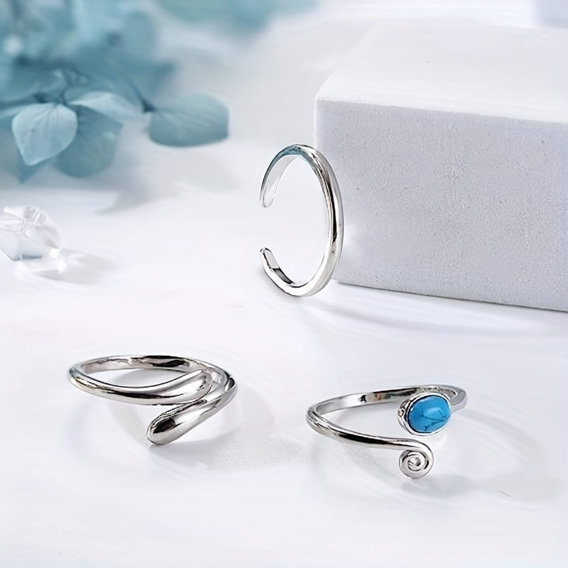 3pcs Toe Rings Set Open Band Rings Comfort-Fit Adjustable Toe Rings For Women Turquoise Moonstone Summer Barefoot Jewelry