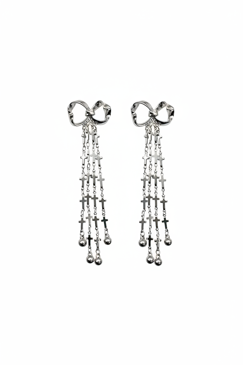 FN Bow Tassel Long Earrings Cross Pendant LOJS10
