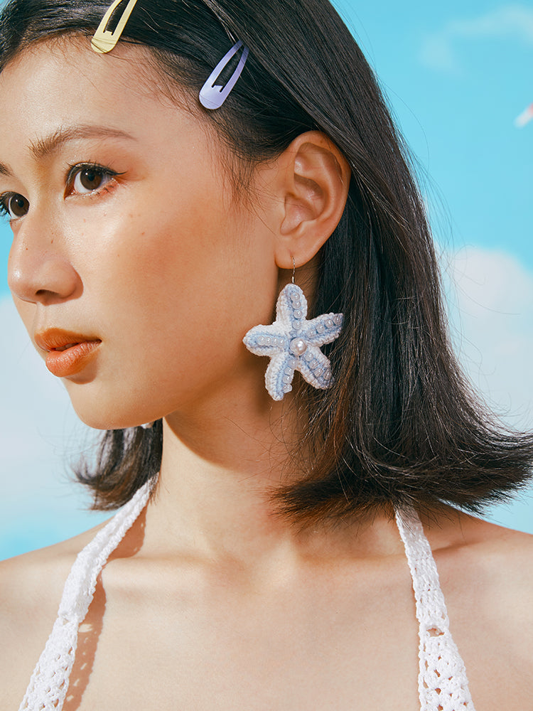 LB Hand Crochet "Starfish" Earrings Pearl Seaside Ear Clip LOJL90