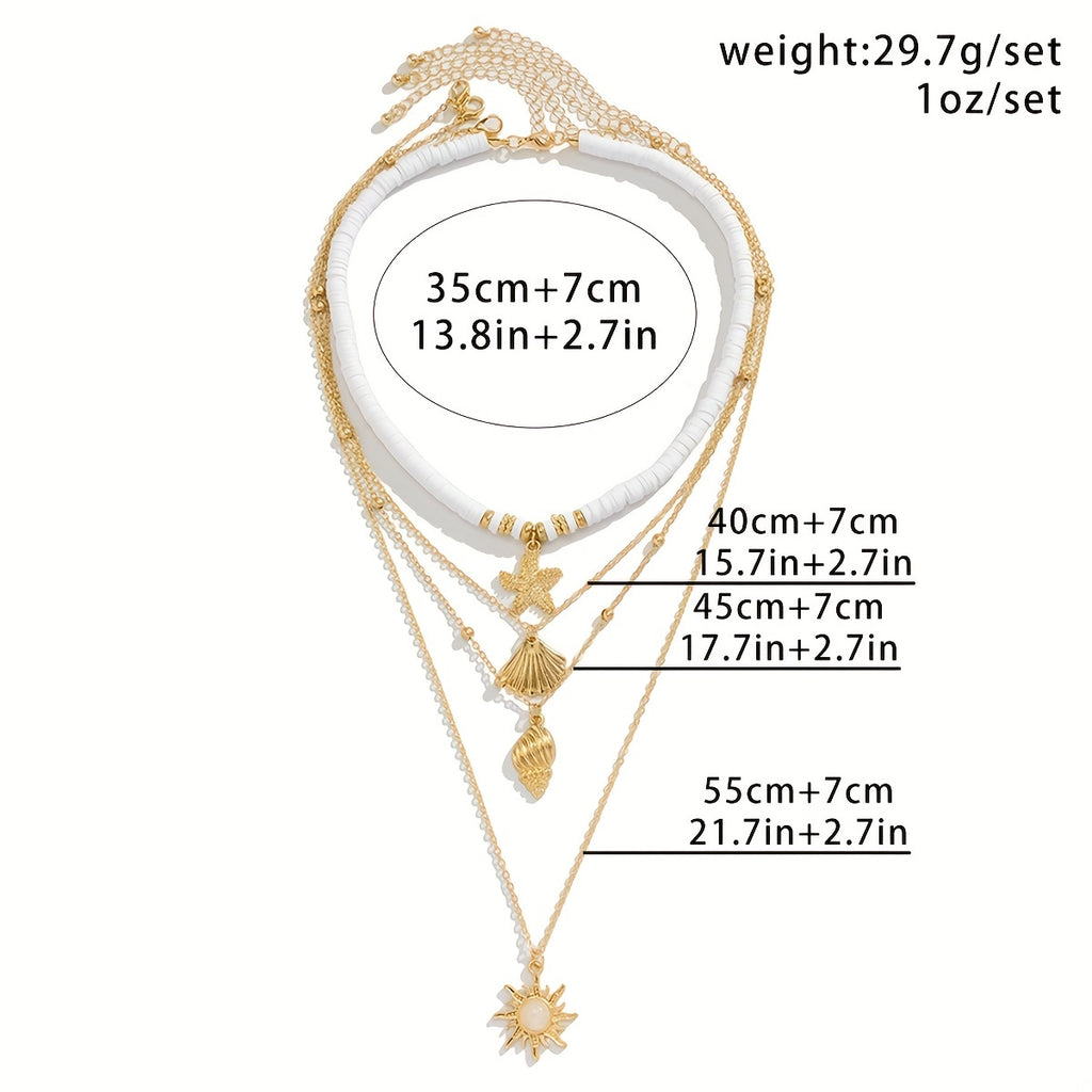 4pcs/Set Retro Exaggerated Soft Pottery Pendant Sunflower Starfish Multilayer Stacking Necklace