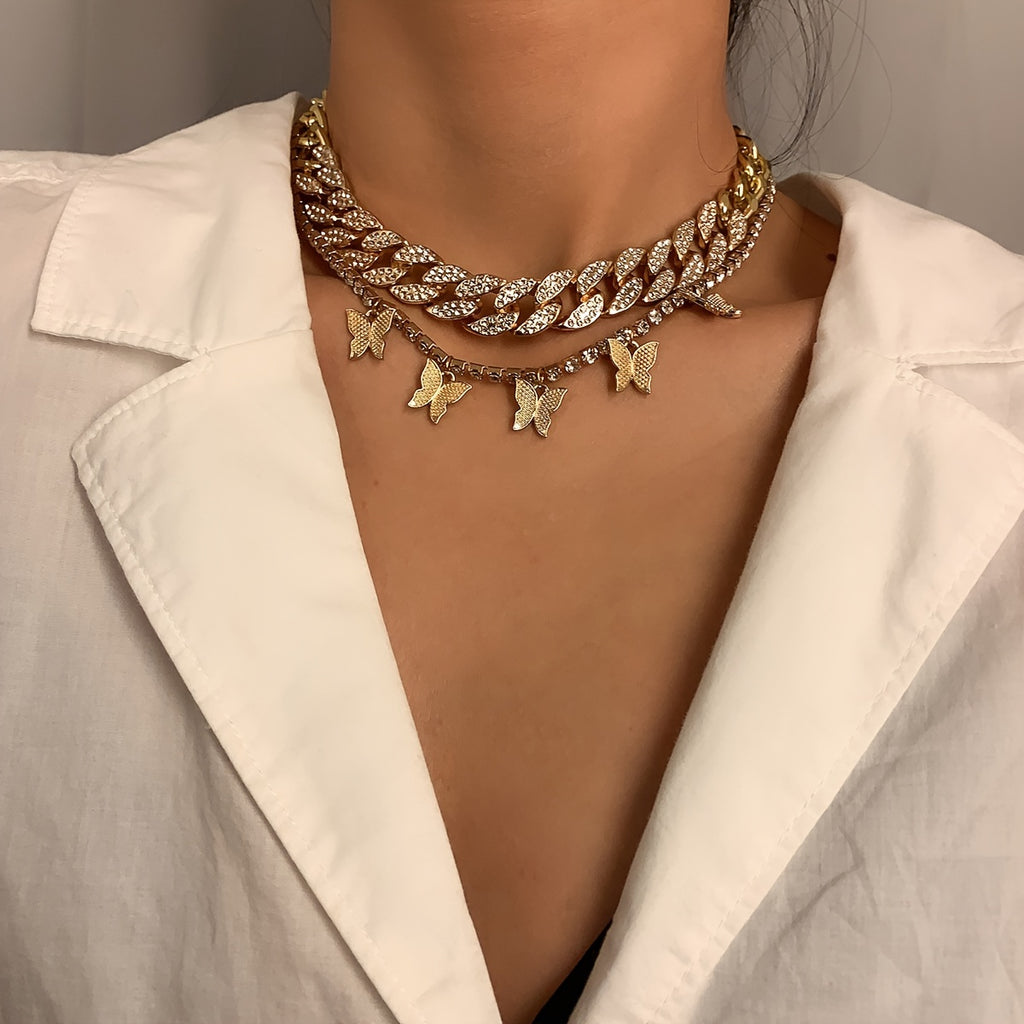 Vintage-Inspired Rhinestone Butterfly Necklace Set - Perfect for Holiday Style!