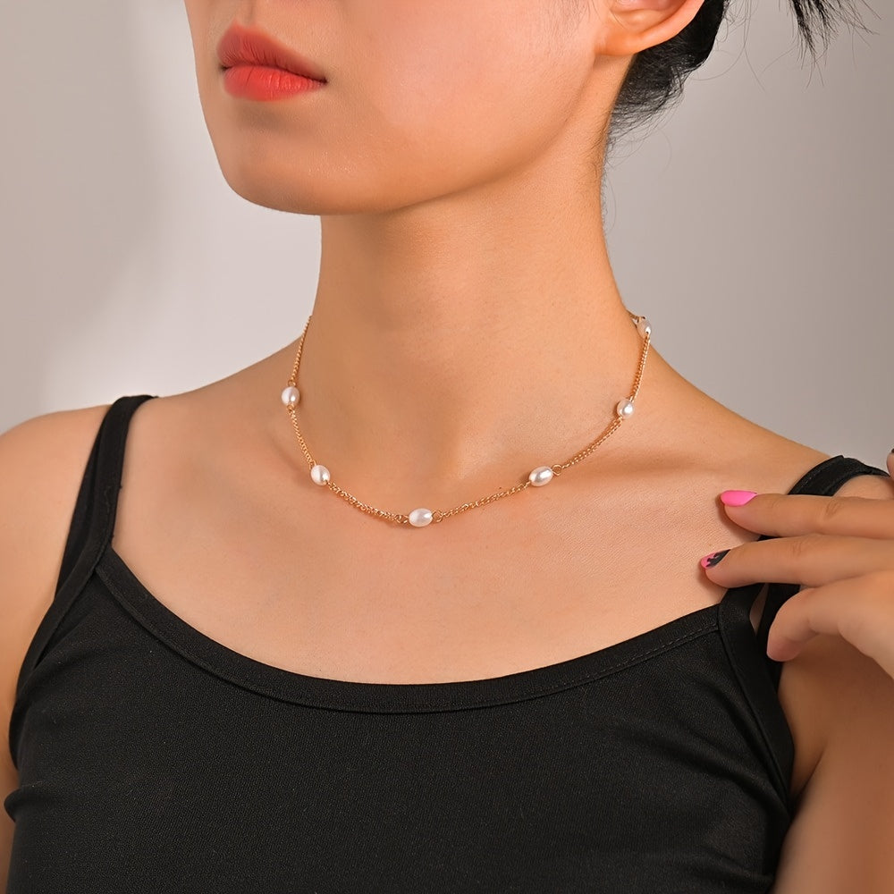 Stylish Alloy Chain Faux Pearl Ladies Necklace Holiday Banquet Prom Ornament