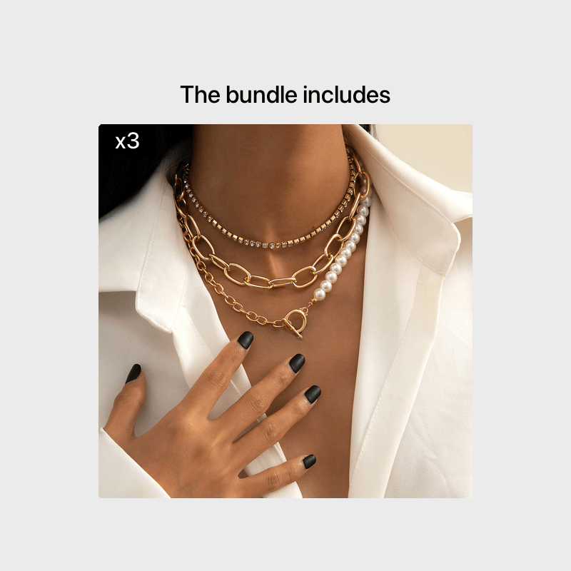 Gorgeous 3-Piece Vintage Necklace Set with Bold Chain, Faux Diamond & Pearl for Women - Retro Original Design