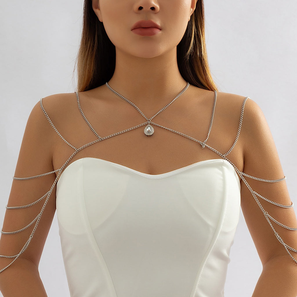 Glamorous Rhinestone Water Drop Layered Tassel Criss Cross Necklace Body Chain for the Holidays