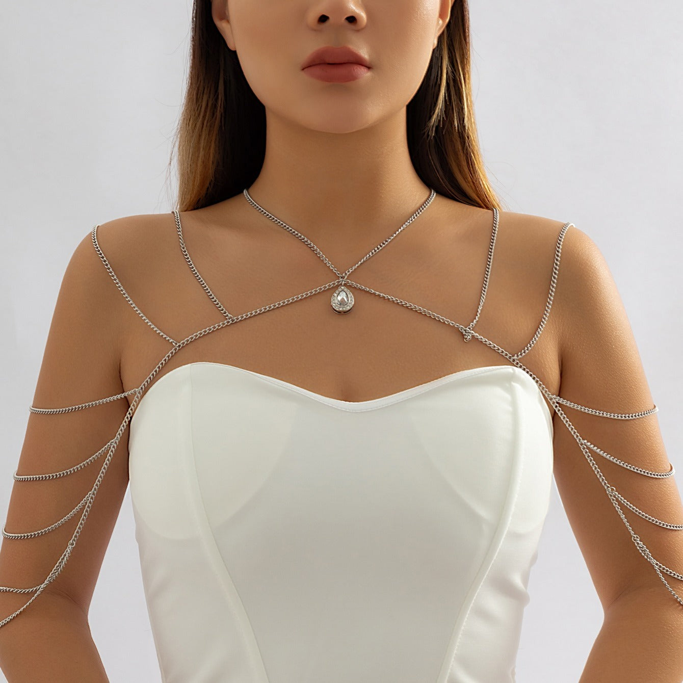 Glamorous Rhinestone Water Drop Layered Tassel Criss Cross Necklace Body Chain for the Holidays