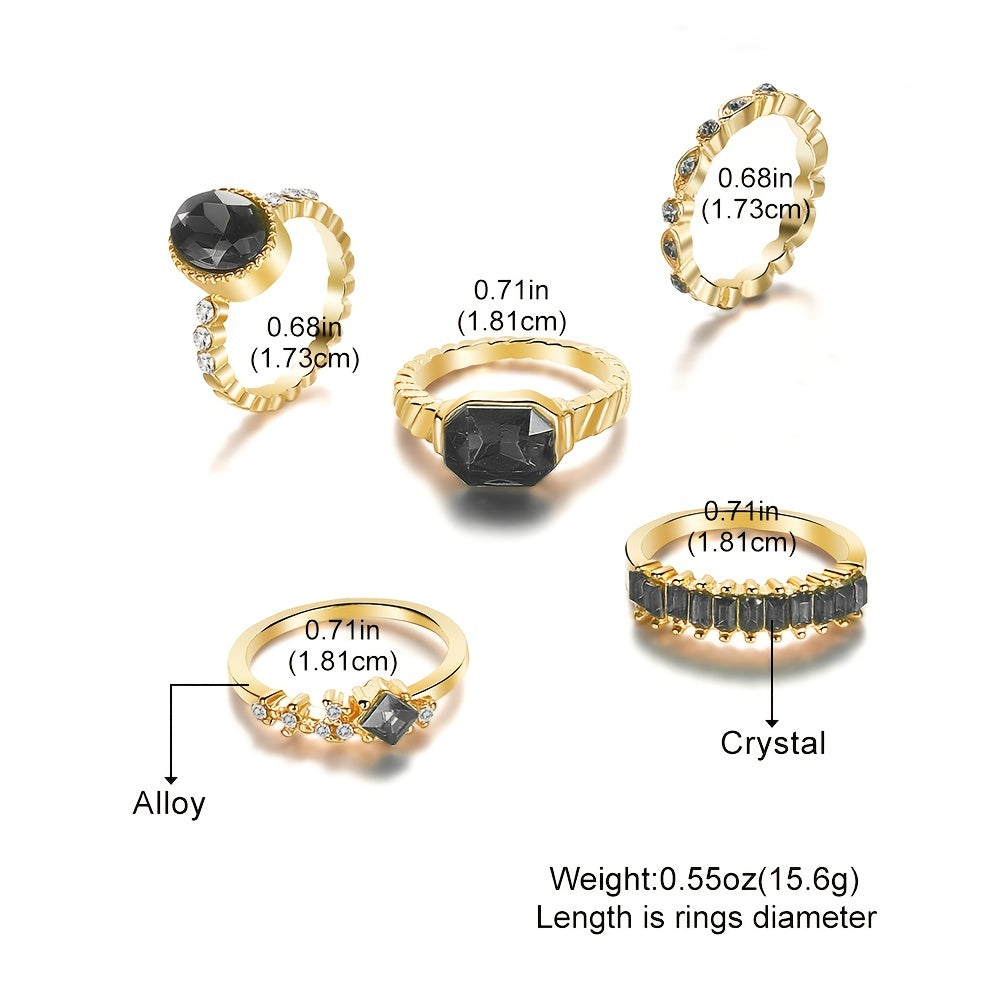5pcs Vintage Versatile Black Rhinestone Geometric Round Ring Set Valentine's Day Gifts