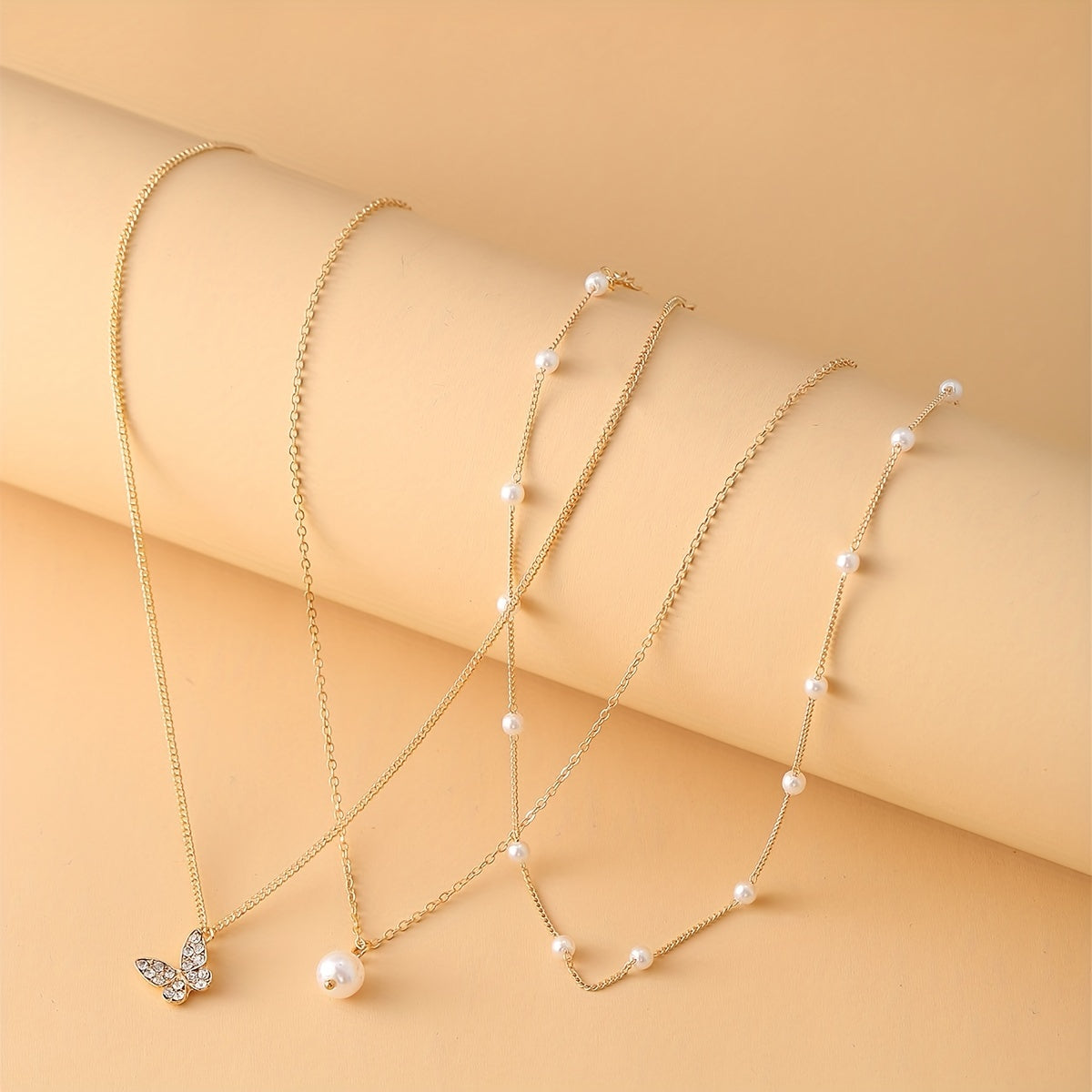 3pcs Faux Pearl Butterfly Necklace For Women Leisure Decor Jewelry