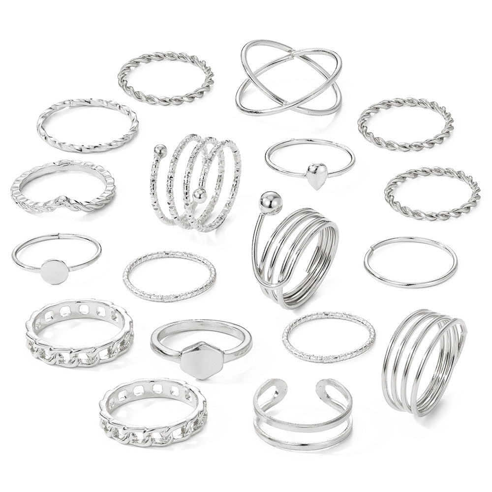 18pcs Golden Silvery Geometric Spiral Cross Women's Joint Ring Set
