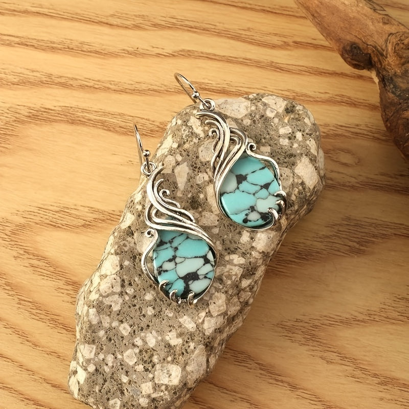 Add a touch of vintage boho elegance with these Green Synthetic Gemstone Drop Earrings in 925 Silver Plated Ear Decoration Jewelry