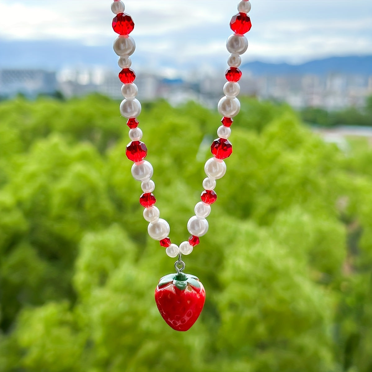 Strawberry Pendant Necklace With Faux Pearl Crystal Beads, Cute Fruit Design Gift Accessories Ornament