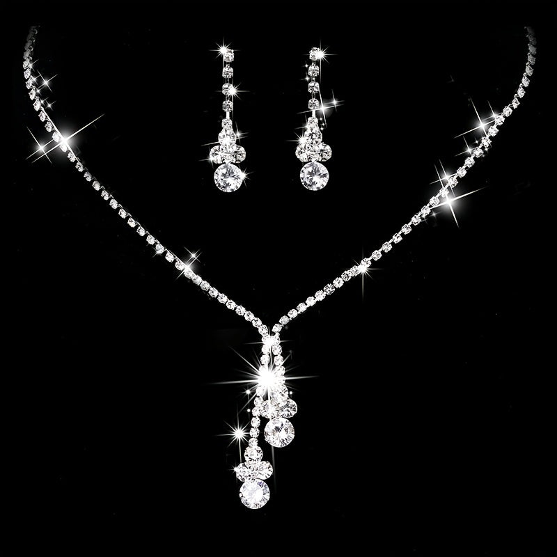 2 pcs Elegant Crystal Jewelry Set with Tassel Zircon Pendant Necklace and Dangle Earrings for Women and Girls