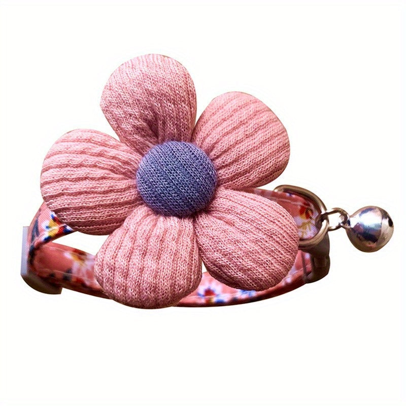 1pc Cute Pet Collar With Knitting Flower And Bell, Adjustable Cat Collar, Soft Decorative Dog Collar