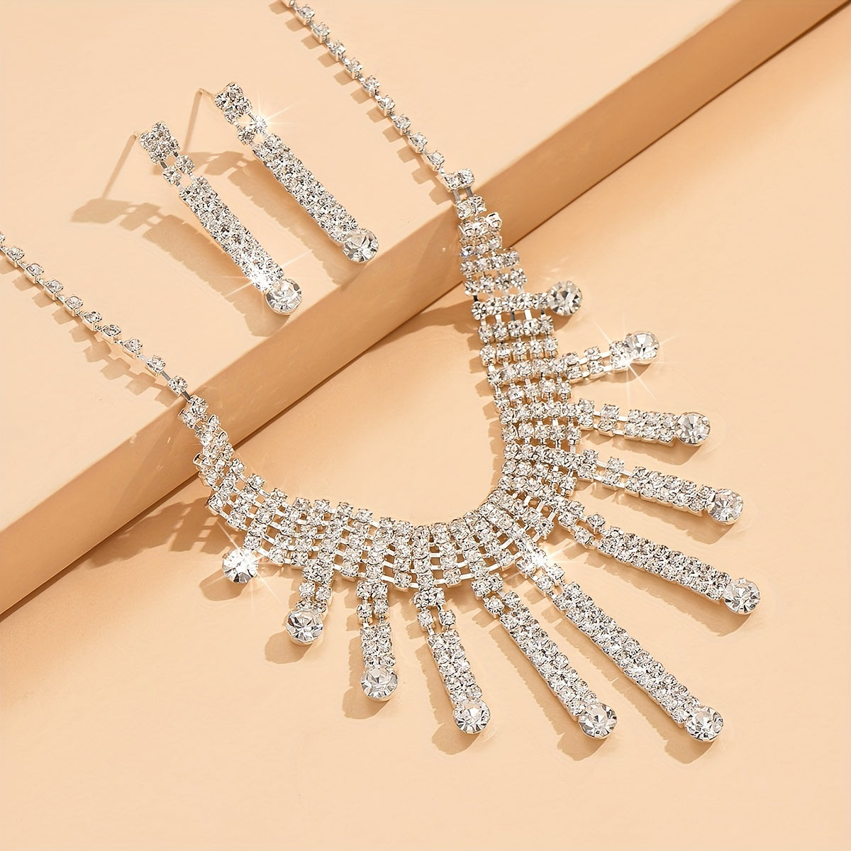 3pcs Earrings Plus Necklace Elegant Jewelry Set Silver Plated Inlaid Rhinestone Long Tassel Design Dainty Evening Party Decor