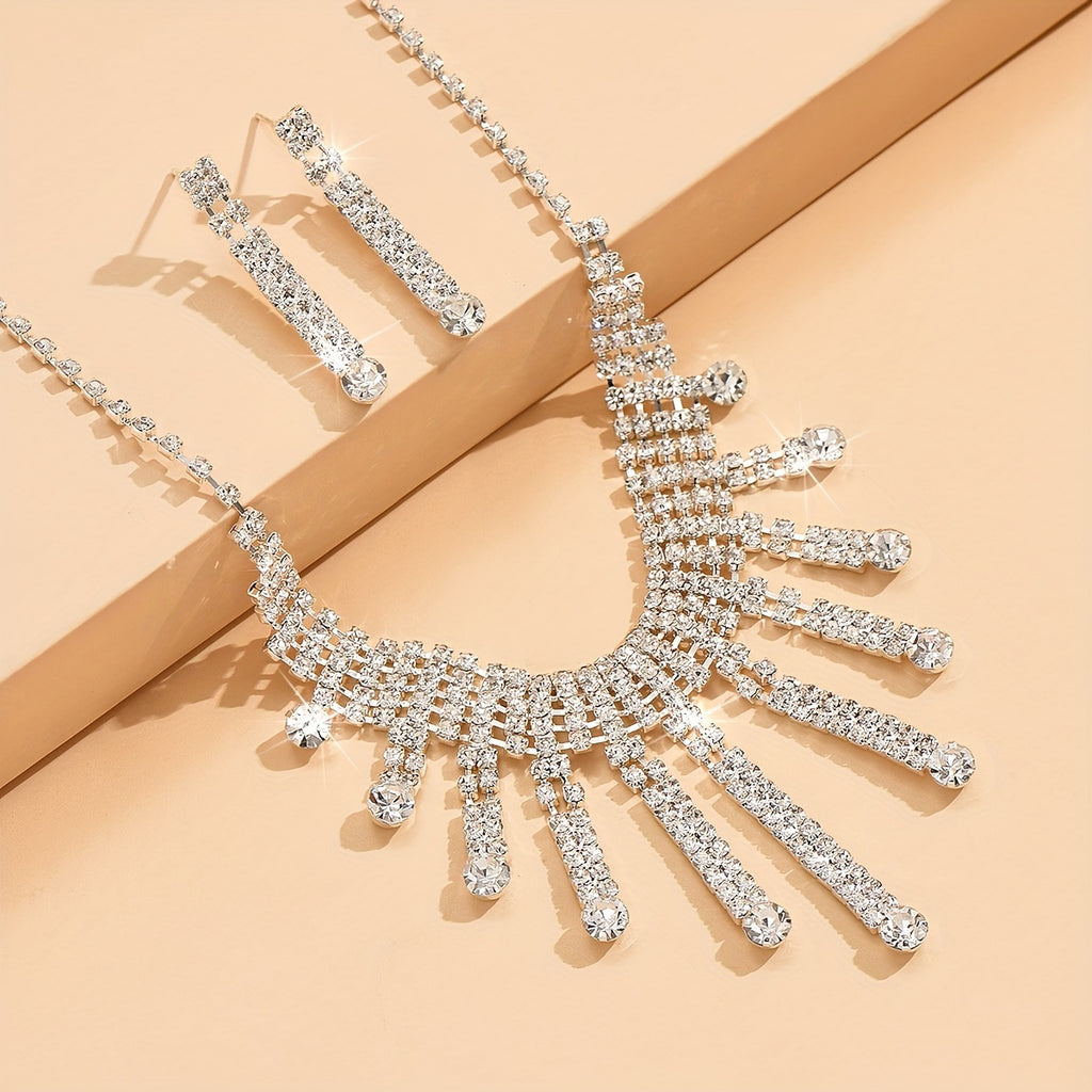 3pcs Earrings Plus Necklace Elegant Jewelry Set Silver Plated Inlaid Rhinestone Long Tassel Design Dainty Evening Party Decor