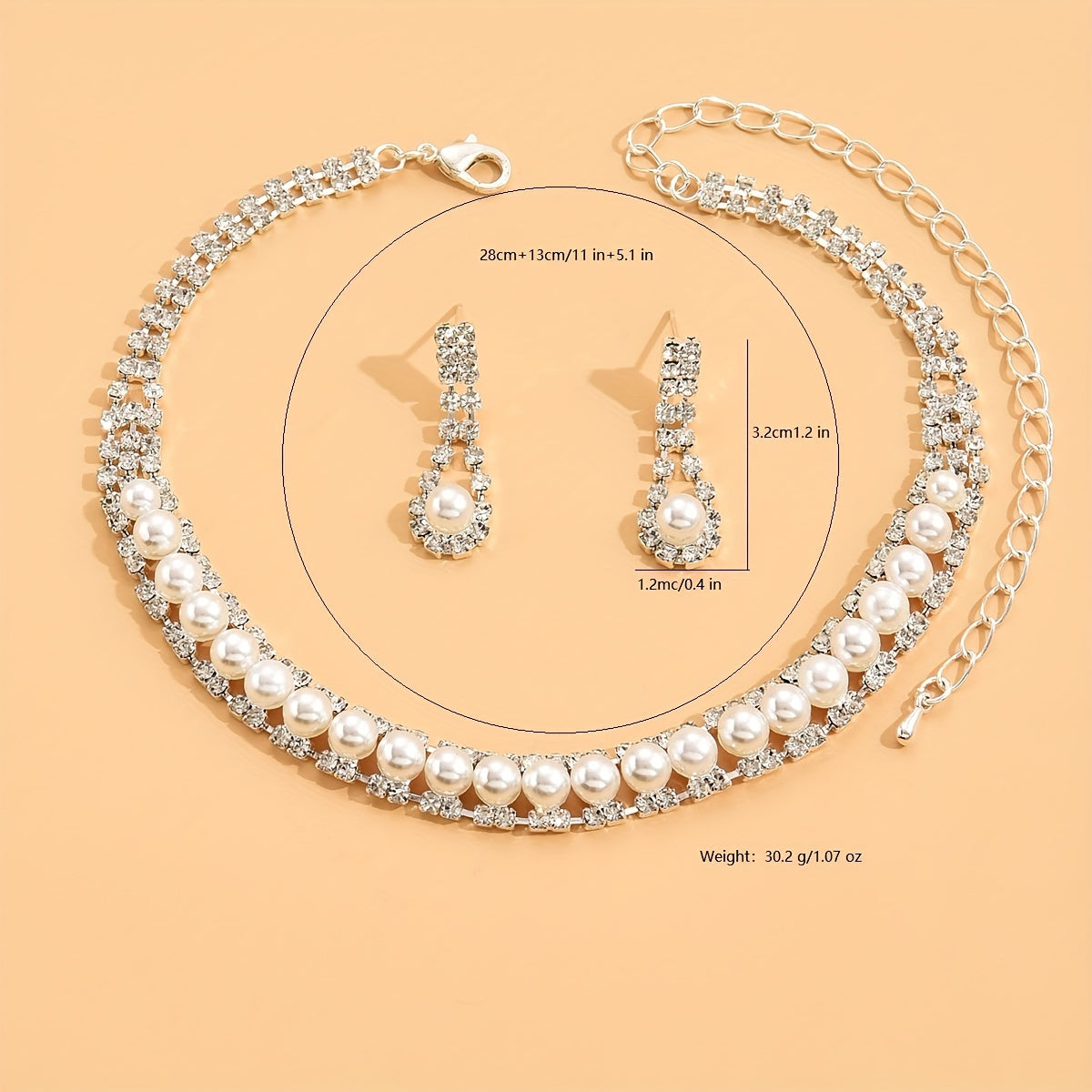 Baroque Style Faux Pearl Rhinestone Choker & Earrings Fine Jewelry Set, Silver Plated Accessories Ornament
