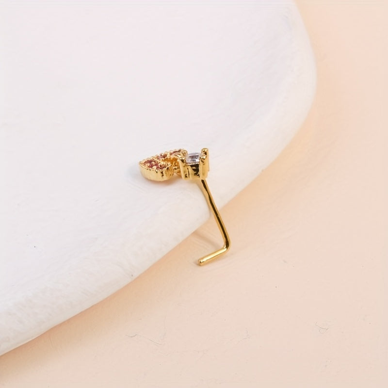 Mini Love Heart Shape Pendant Nose Nail Inlaid Shiny Pink Zircon L-Shaped Ear Cartilage Piercing Body Jewelry