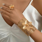 2pcs Bracelet Plus Ring Boho Style Jewelry Set 18k Gold Plated Hollow Flower Design Party Accessories Casual Dating Decor