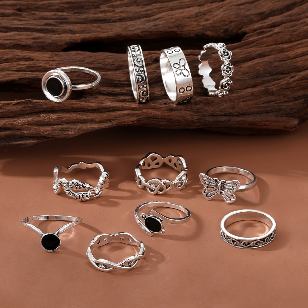 Complete Your Party Look with 11pcs Vintage Silver Snake Butterfly Flower Rings Set for Women and Girls