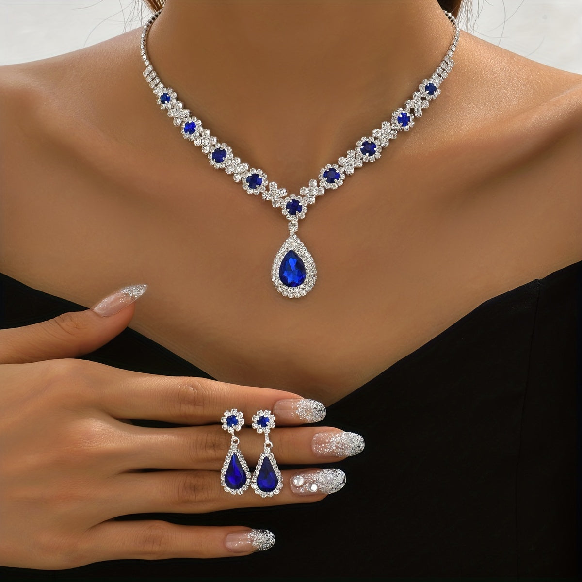 Stunning Wedding Jewelry Set with Sparkling Synthetic Gems - Pendant Necklace and Dangle Earrings
