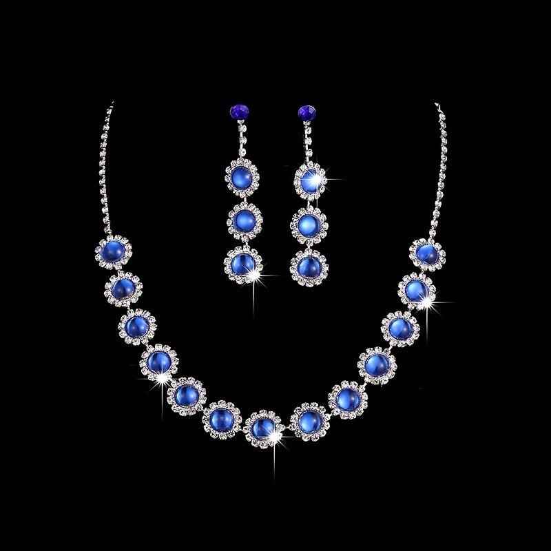 Elegant Royal Blue Cat Eye Stone Earrings and Necklace Set for Women - Vintage Clothing Accessories