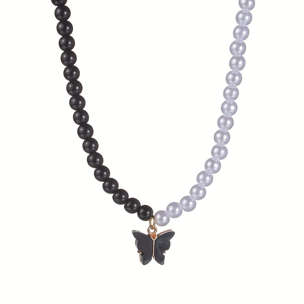 Simple Stitching Black & White Faux Pearl Acrylic Butterfly Pendant Necklace For Women