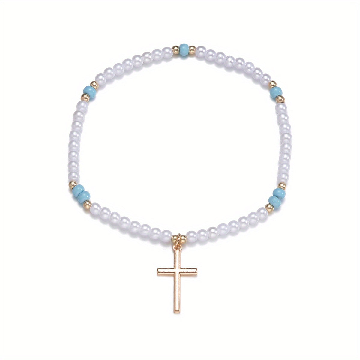 Cross Shape Pendant Beaded Anklet With Mini Faux Pearls Beads Elegant Ankle Bracelet For Women Girls