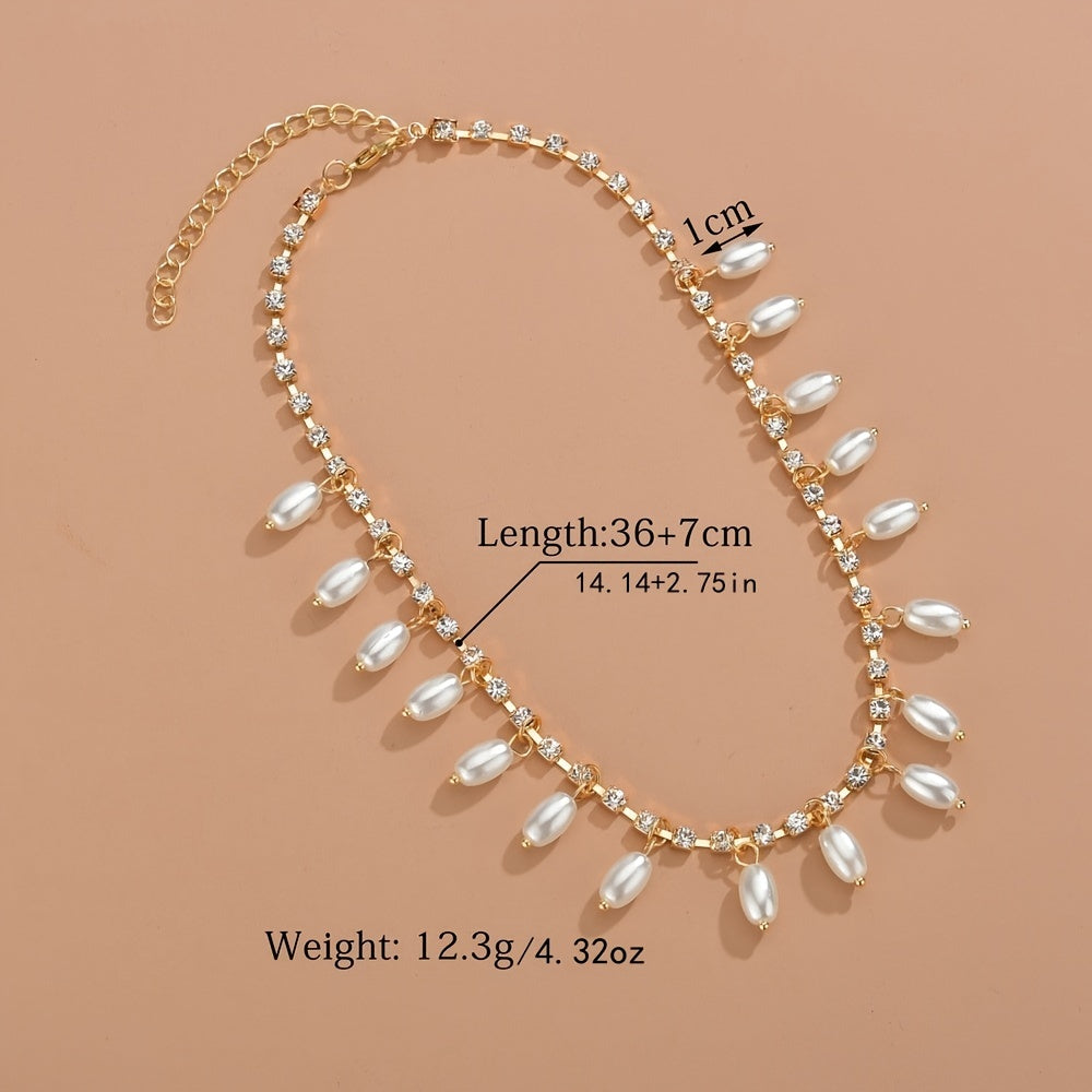 Women's Elegant Faux Pearl Pendant Rhinestone Claw Chain Necklace For Girls