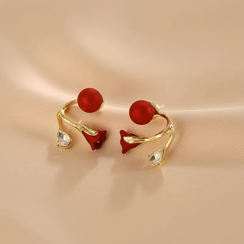 Celebrate New Year Festive with Style: Red Faux Pearl Tulip Flower Earrings for Women and Girls