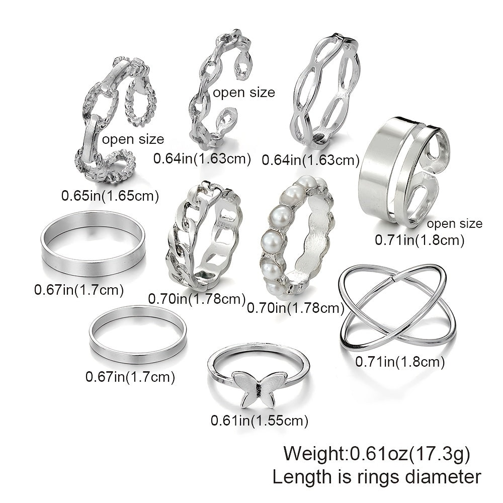 10 Pcs Rings Butterfly Faux Pearl Metal Geometric Chain Rings