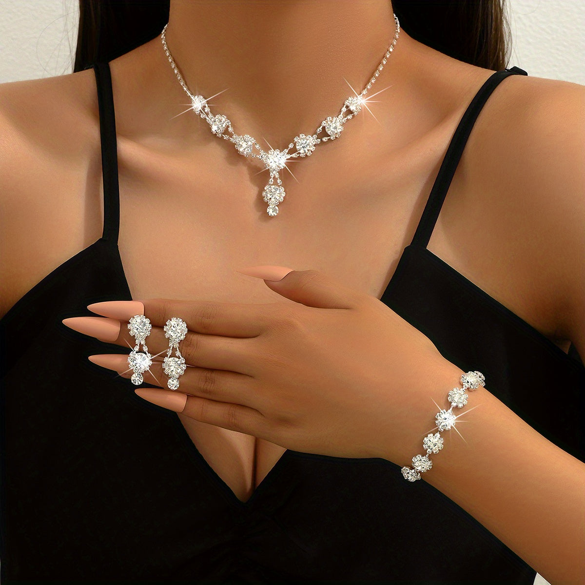 4pcs Necklace Bracelet Plus Earrings Elegant Jewelry Set Silver Plated Inlaid Rhinestone Engagement Wedding Jewelry Evening Party Decor