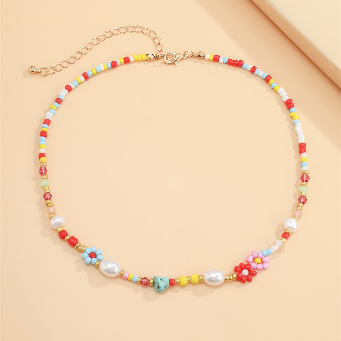 Vintage Flower Decor Beaded Necklace - Handmade Colorful Clavicle Chain Rainbow Seed Beads Imitation Pearl Necklace