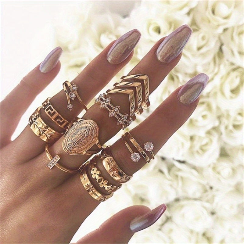 Boho Golden Ring Set Inlaid Rhinestones Stackable Jewelry For Female Trendy Patterns Crown Flower Perfect Decor For Party