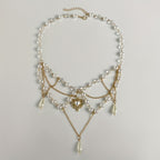 Baroque Vintage Multilayer Tassel Crystal Hollow Love Heart Pendant With Teardrop Shape Faux Pearl Necklace, Women's Holiday Accessories