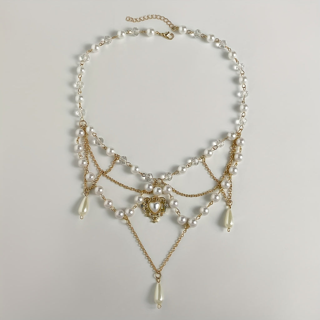 Baroque Vintage Multilayer Tassel Crystal Hollow Love Heart Pendant With Teardrop Shape Faux Pearl Necklace, Women's Holiday Accessories
