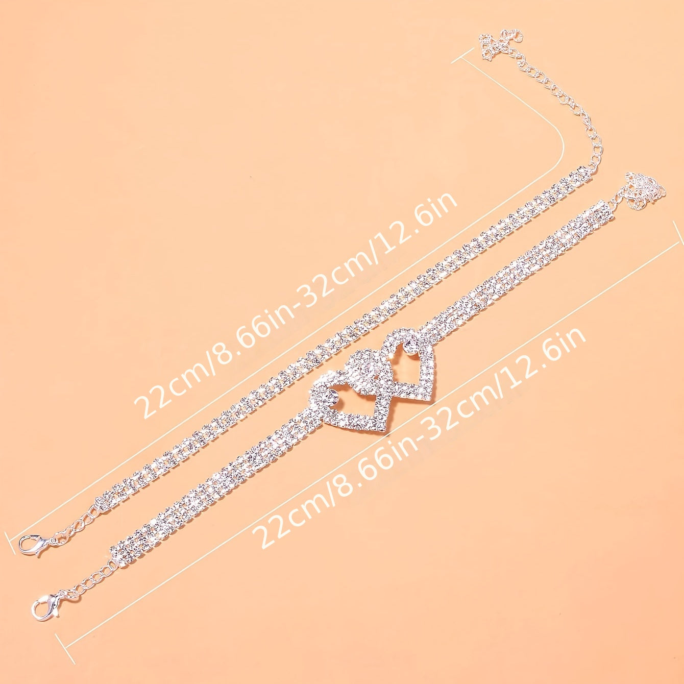 2 Pcs Double Love Heart Rhinestone Chain Anklet Set Shiny Beach Foot Jewelry Wedding Accessories