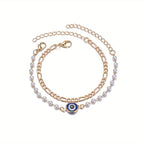 2pcs Devil's Eye Alloy Double Layer Faux Pearl Bracelet For Women Girls Gift