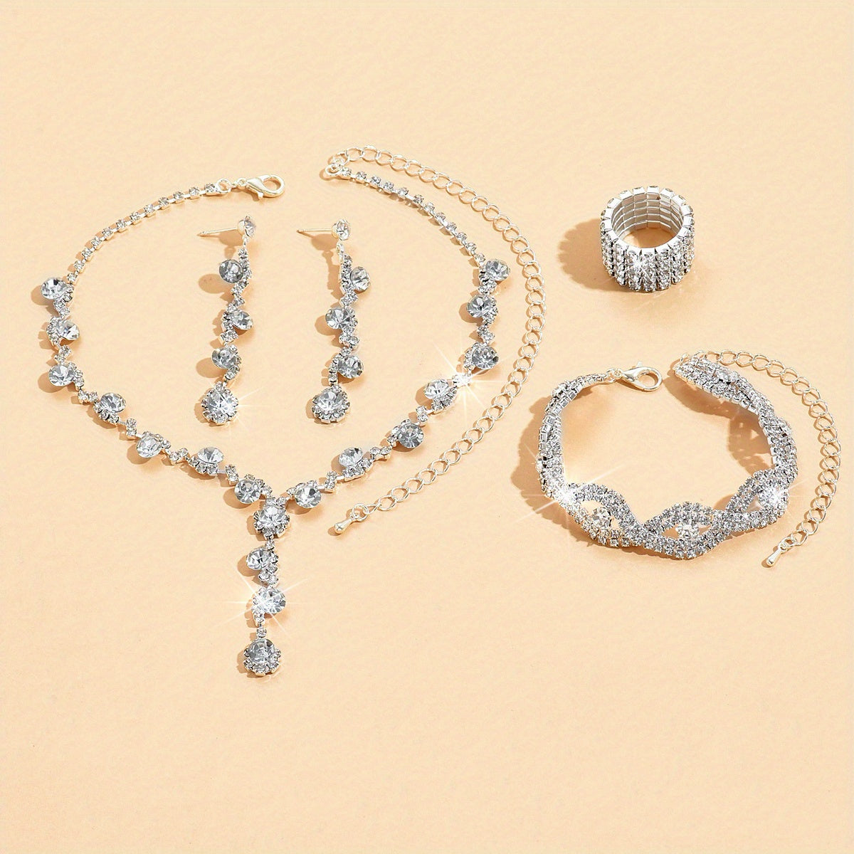 5pcs Silver Plated Rhinestone Jewelry Set with Devil Eye Design - Perfect for Evening Parties