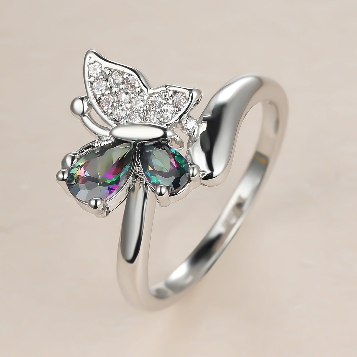 Gorgeous Platinum Butterfly Ring with Mystic Rainbow Zircon Crystals