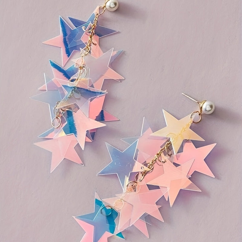 Pentagram Sequins Chain With Faux Pearl Decor Dangle Earrings Alloy Jewelry Creative Female Gift