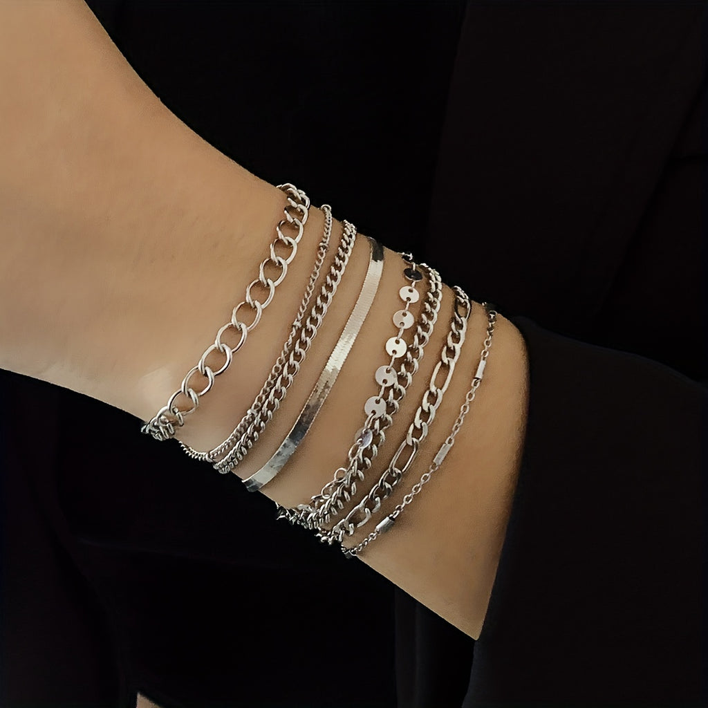 8-Piece Geometric Chain Bracelet Set - Stylish Adjustable Jewelry Accessories