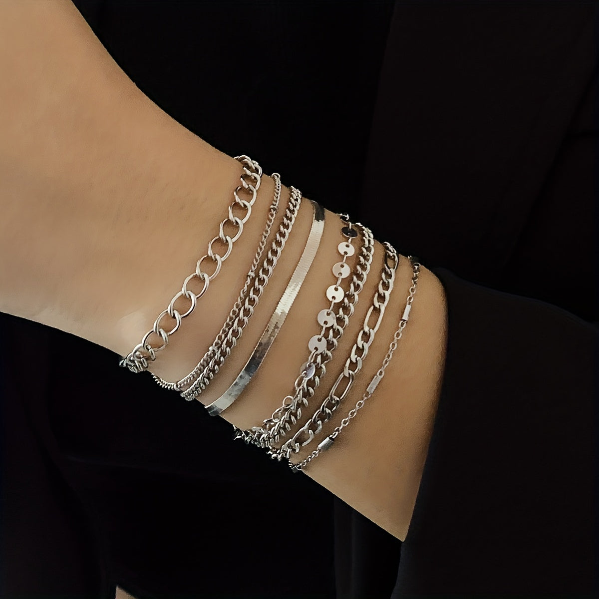 Complete Your Look with our 8 Piece Geometric Chain Bracelet Set - Adjustable Alloy Metal Jewelry Accessories