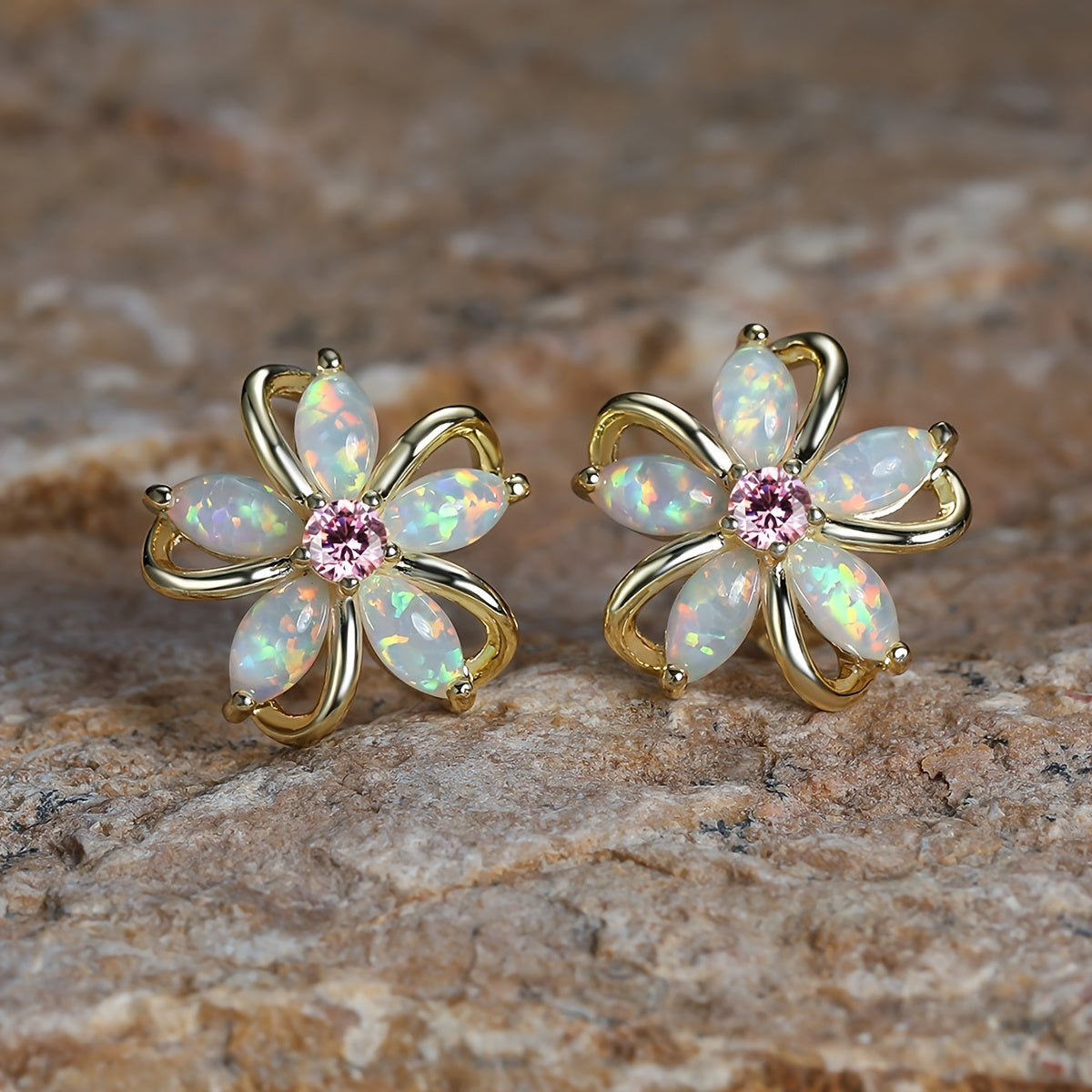 Flower Stud Earrings Inlaid Synthetic White Opal 18K Gold Plated Holiday Party Decor For Women Girls Gift 1Pair