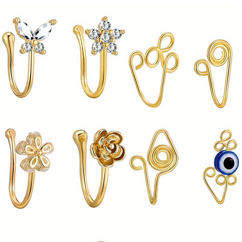 3/8pcs Simple Style Clip On Nose Ring Set Inlaid Shiny Zircon Fake Piercing Body Jewelry