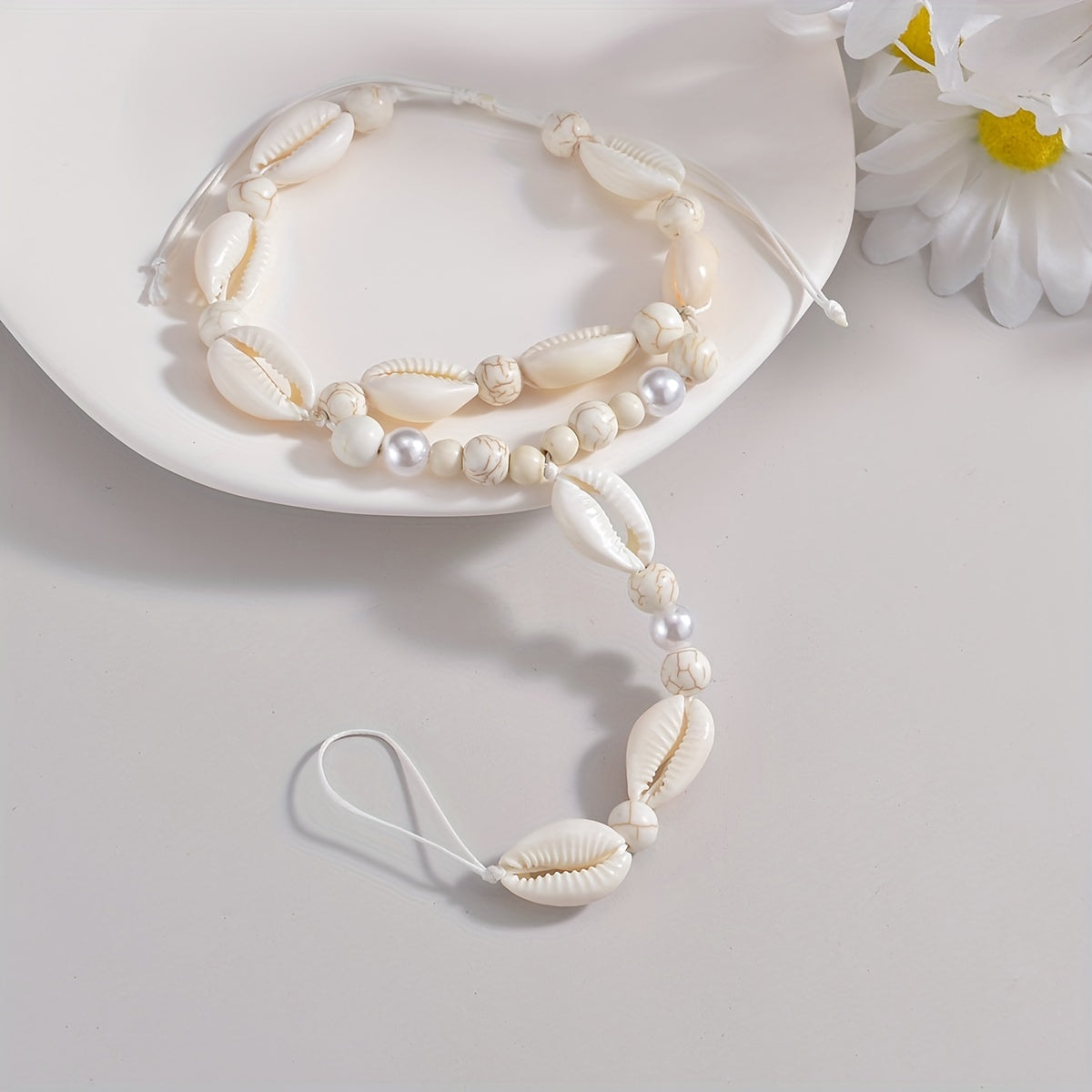 White Shell Shape Beads Beaded Toe Ring Anklet Ocean Style Ankle Bracelet Foot Jewelry Accessories
